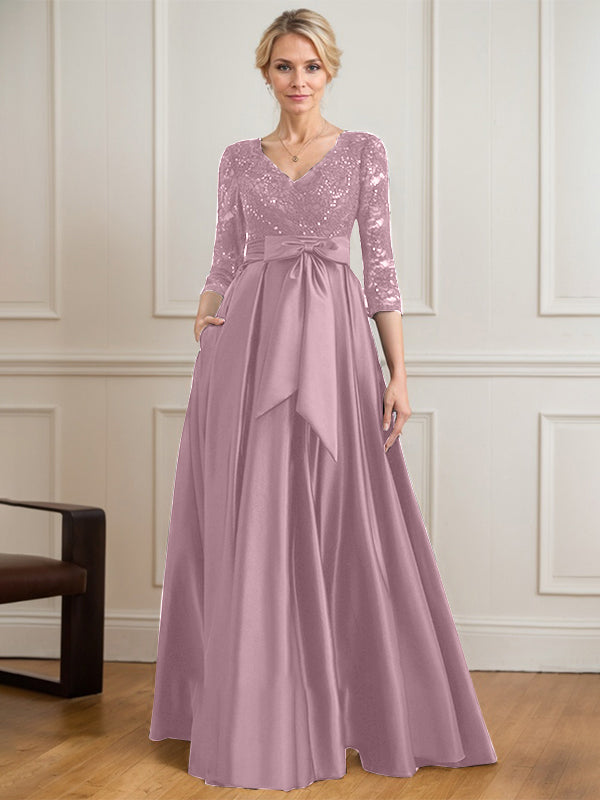 A-Linie V-Ausschnitt Bodenlanges Satin-Spitzenkleid für die Brautmutter mit Paillettenschleife 