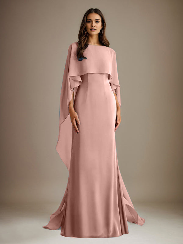 Vestido de gasa para madre de la novia, largo hasta el suelo, con escote barco y corte tubo/columna y volantes en cascada