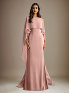 Vestido de gasa para madre de la novia, largo hasta el suelo, con escote barco y corte tubo/columna y volantes en cascada