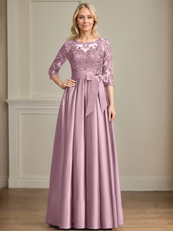 Vestido de madre de la novia de satén con encaje, corte A, escote ilusión, largo hasta el suelo, con lazo de lentejuelas