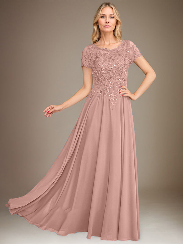 Vestido de gasa para madre de la novia, corte A, largo hasta el suelo, con apliques y lentejuelas