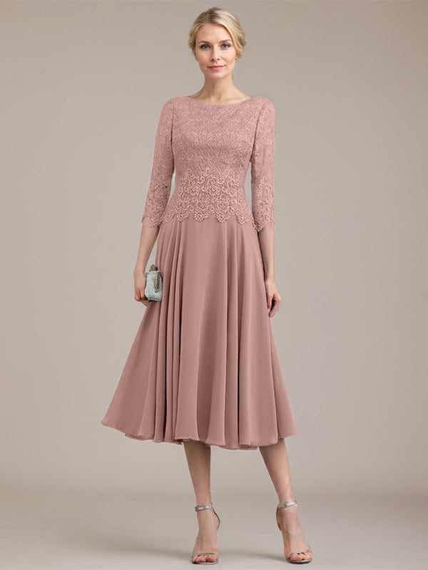 Vestido de gasa con encaje y escote redondo hasta la rodilla para madre de la novia
