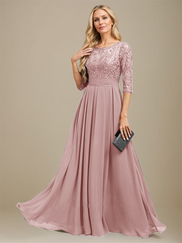 Vestido de madre de la novia de gasa con encaje, corte A, largo hasta el suelo y apliques de lentejuelas