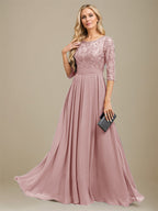 Vestido de madre de la novia de gasa con encaje, corte A, largo hasta el suelo y apliques de lentejuelas