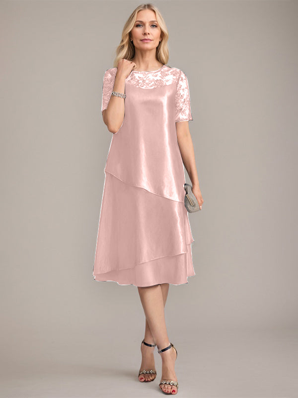 Vestido de madre de la novia con corte en A, escote redondo y largo hasta la rodilla, con apliques y lentejuelas