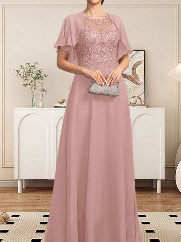 Vestido de gasa con encaje y lentejuelas para madre de la novia, corte A, escote ilusión, largo hasta el suelo