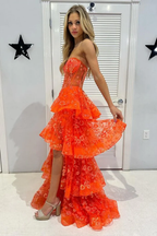 Vestido de fiesta elegante naranja sin tirantes, corte A, con encaje, apliques en capas, aberturas, Y7885