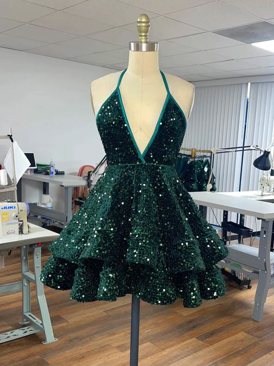 Vestido corto de fiesta con lentejuelas azules, vestido de regreso a casa Y1408