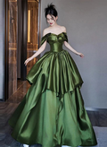Wunderschönes gerafftes, mehrlagiges Ballkleid in A-Linie aus grünem Satin, langes Ballkleid, Abendkleid Y7995