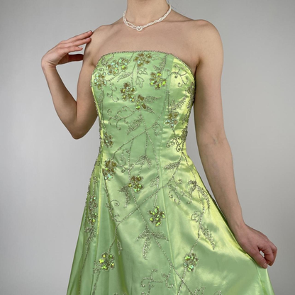 Trägerloses grünes Satin-A-Linien-Ballkleid mit Perlenbesatz Y8412