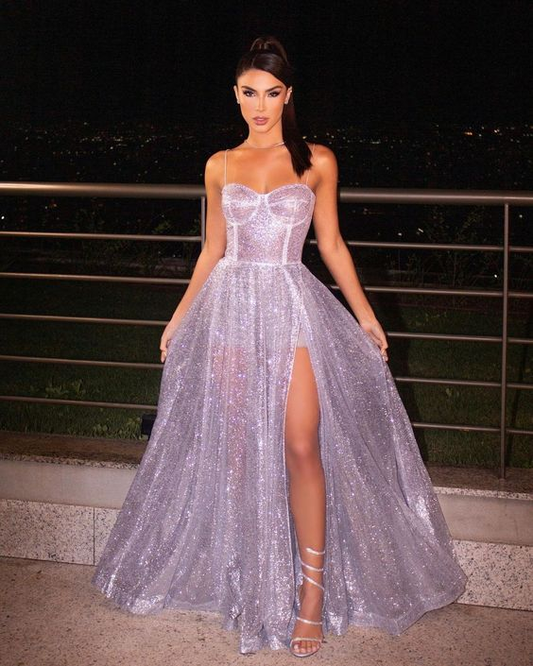 A-Linie Spaghettiträger Einzigartiges, schlichtes, elegantes, funkelndes langes Abendkleid für Damen Y5995