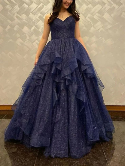 Shiny V Neck Navy Blue Tulle Long Prom Dress Navy Blue Formal Evening Dresses Long Y4895