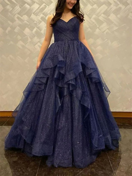 Shiny V Neck Navy Blue Tulle Long Prom Dress Navy Blue Formal Evening Dresses Long Y4895