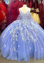 Vestido morado de tirantes finos con escote en V y apliques, para quinceañeras, Y2456