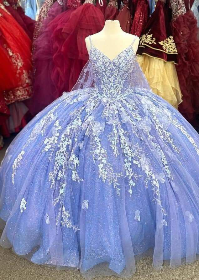 Vestido morado de tirantes finos con escote en V y apliques, para quinceañeras, Y2456