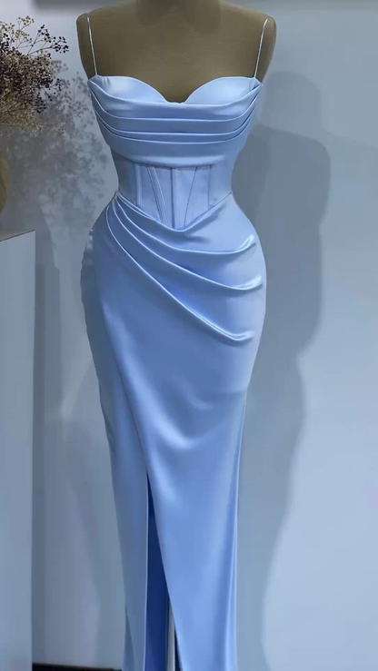 Vestido de noche largo de sirena azul con tirantes finos de satén y pliegues para mujer, vestido de fiesta de boda Y4563