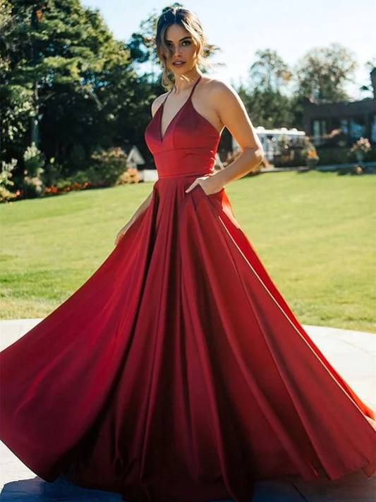 Vestidos de fiesta largos con escote en V burdeos, vestidos de noche formales largos con escote en V rojo vino Y236