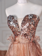 Vintage Rose Gold Trägerloses Tüll Pailletten Perlen A Linie Ballkleid Abendkleid Y8622