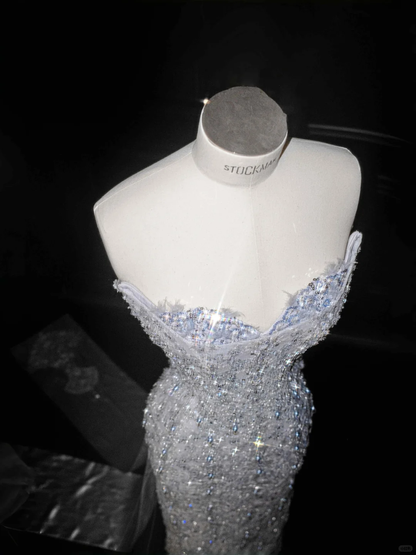 Glamuroso vestido de fiesta largo azul sin tirantes, con lentejuelas y cuentas, vestido de noche Y8654
