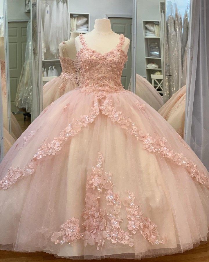 Vestido de quinceañera de tul dulce de 16 pulgadas con encaje rosa y flores brillantes para fiesta de graduación Y3027