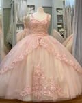 Vestido de quinceañera de tul dulce de 16 pulgadas con encaje rosa y flores brillantes para fiesta de graduación Y3027