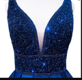 Vestido de noche largo azul marino para mujer, escote en V, sin mangas, espalda abierta, con cuentas, vestido formal de noche Y1193