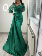 Vestido de noche verde oscuro de satén con escote en V y manga larga Y6109