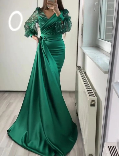 Vestido de noche verde oscuro de satén con escote en V y manga larga Y6109
