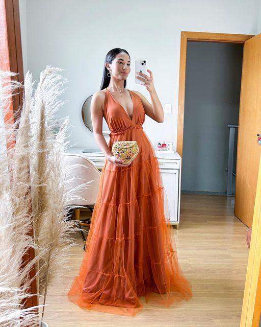 Vestido formal de noche naranja de corte A, vestido largo para fiesta de graduación Y5111