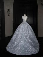 Glitzerndes trägerloses blaues Tüll-Pailletten-A-Linien-Ballkleid, formelles Hochzeitskleid Y8676