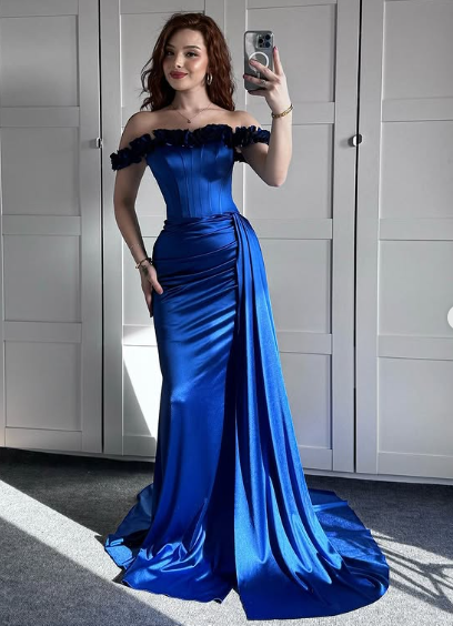 Blaues schulterfreies Meerjungfrau-Abendkleid, formelles Ballkleid Y7842
