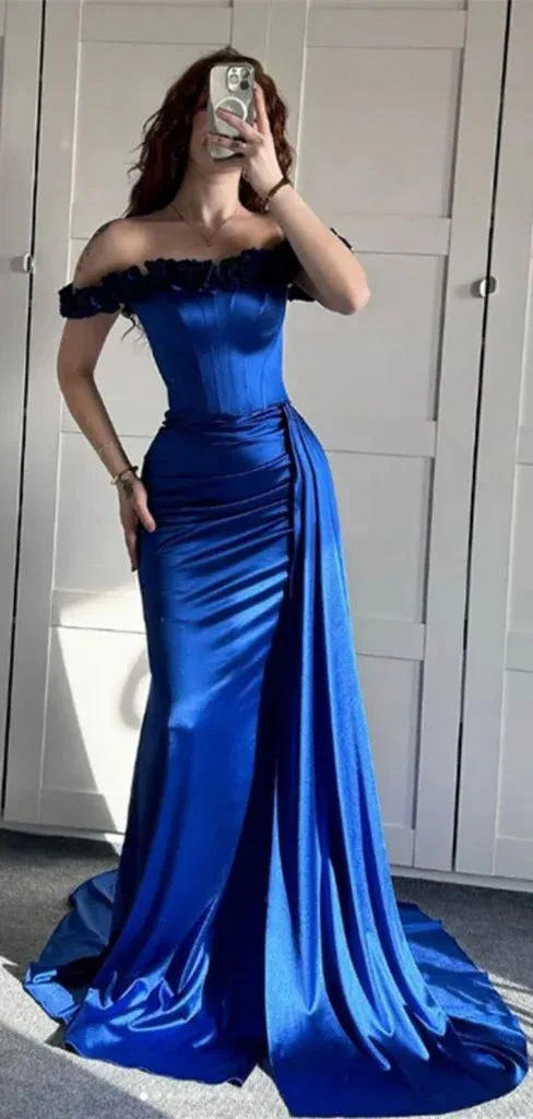 Blaues schulterfreies Meerjungfrau-Abendkleid, formelles Ballkleid Y7842