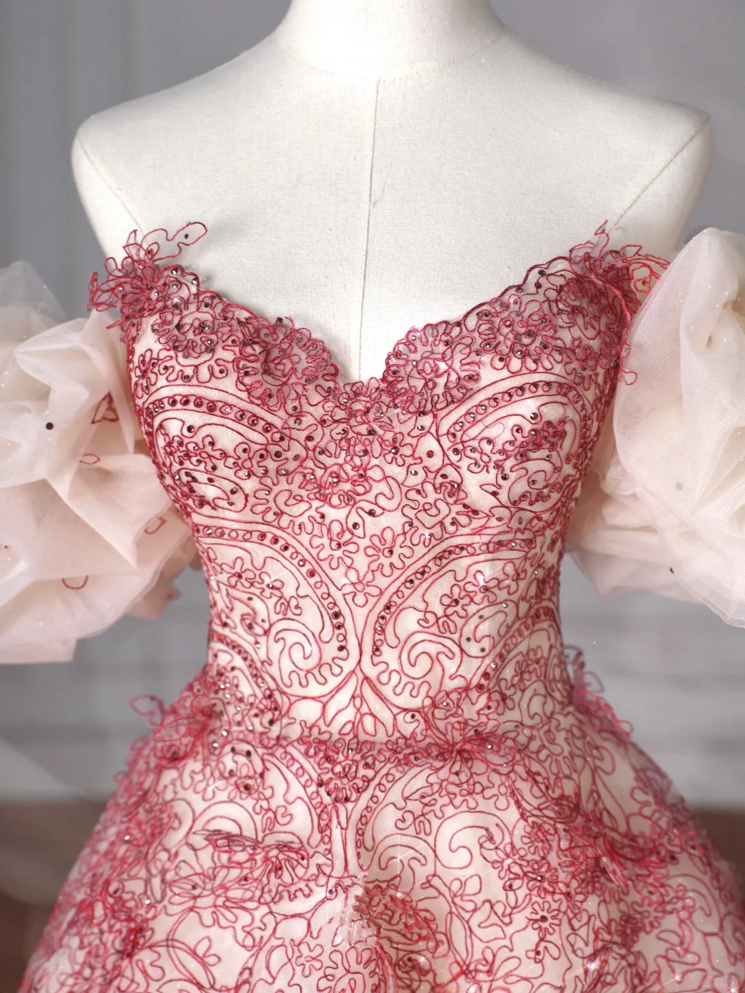 Pretty Tulle Beaded Red A Line Off The Shoulder Prom Dress Evening Dress,Formal Birthday Ball Gown Y8621