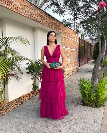 Ballkleid mit tiefem V-Ausschnitt, A-Linie, gestuftes ärmelloses Abendkleid Y3073