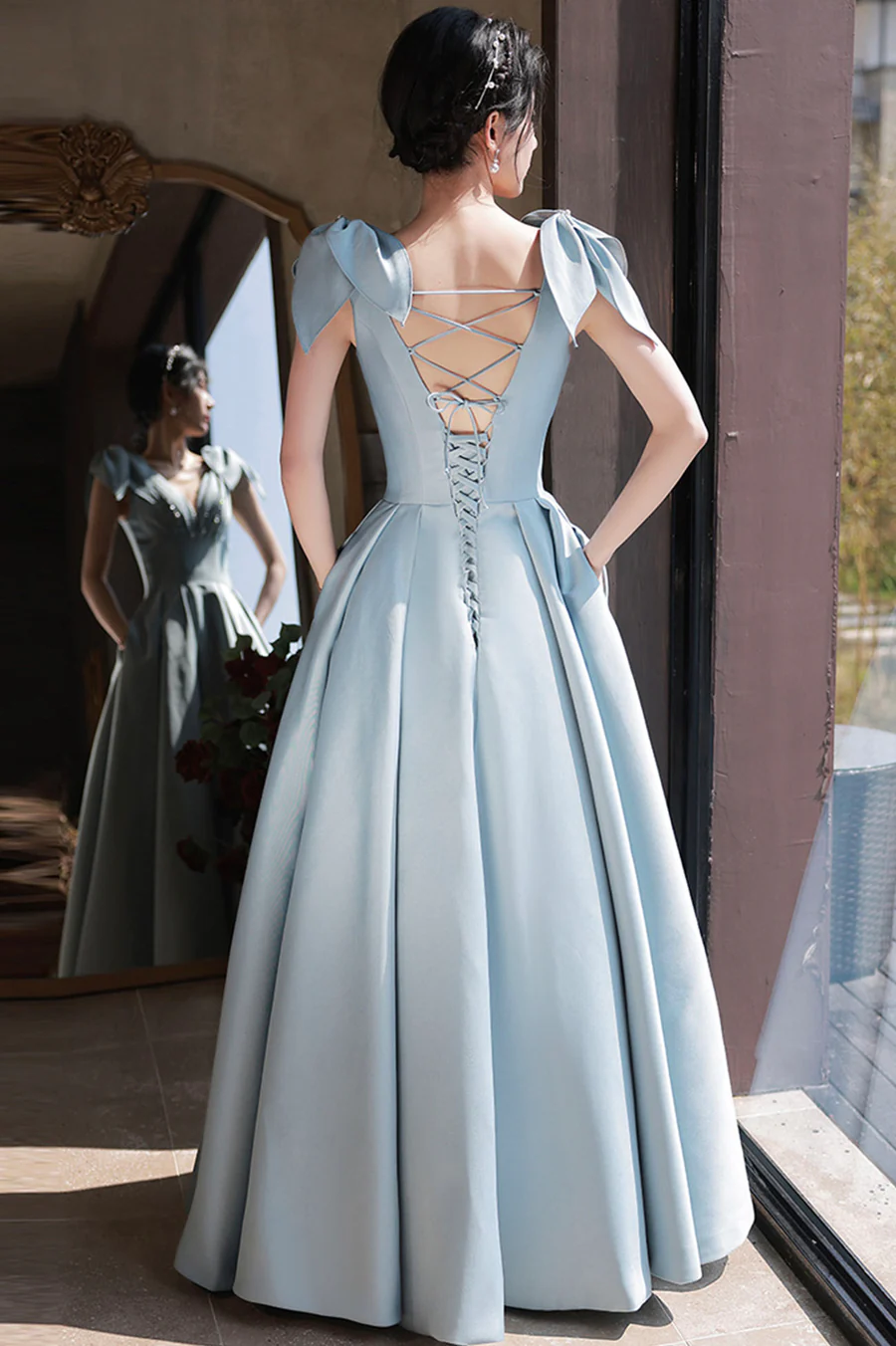 Hermoso vestido de fiesta largo de satén azul, corte A, vestido de noche azul Y4549