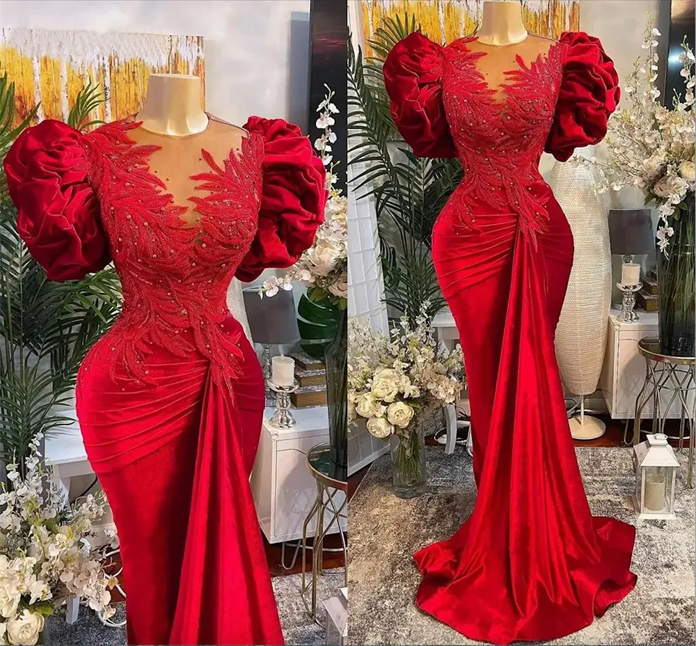 Vestido de fiesta de sirena rojo de lujo con encaje y cuentas, cuello transparente, vestido de noche, ropa formal para fiesta Y02