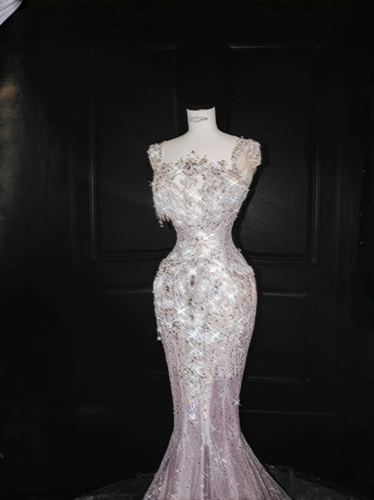 Glamoroso vestido de fiesta de sirena con cuentas de tul lavanda, vestido de noche formal Y8669