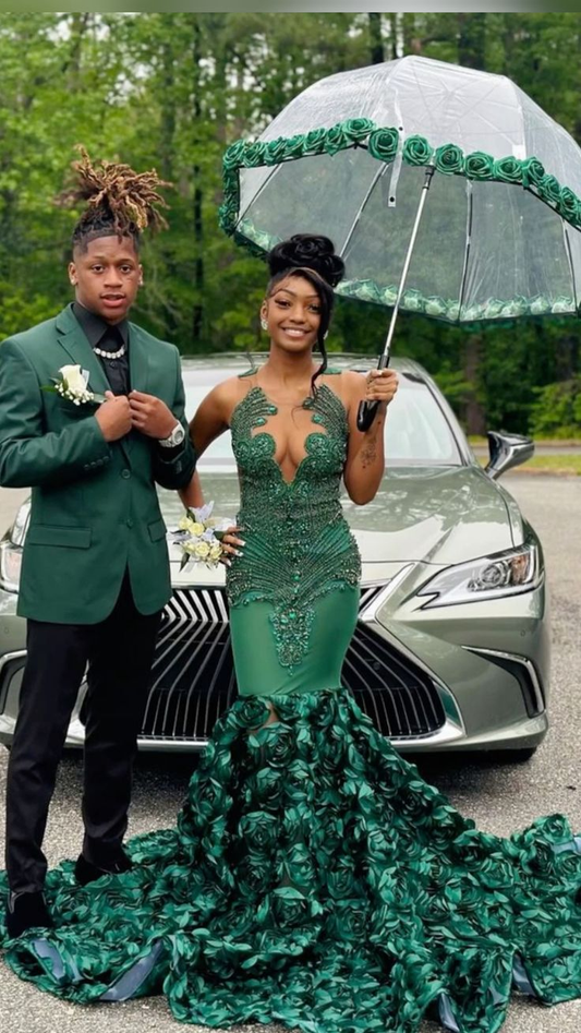 Luxurious Green Mermaid Evening Dress 3D Flowers Pageant Dress Y6356