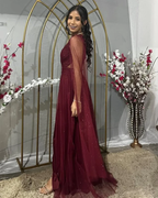 Pretty Burgundy One Shoulder Tulle Sequins Evening Gown Slit Prom Dress Y7826