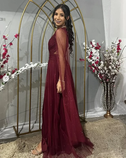 Hübsches Burgunderrotes Abendkleid mit einer Schulter und Tüll-Pailletten, Schlitz, Ballkleid Y7826