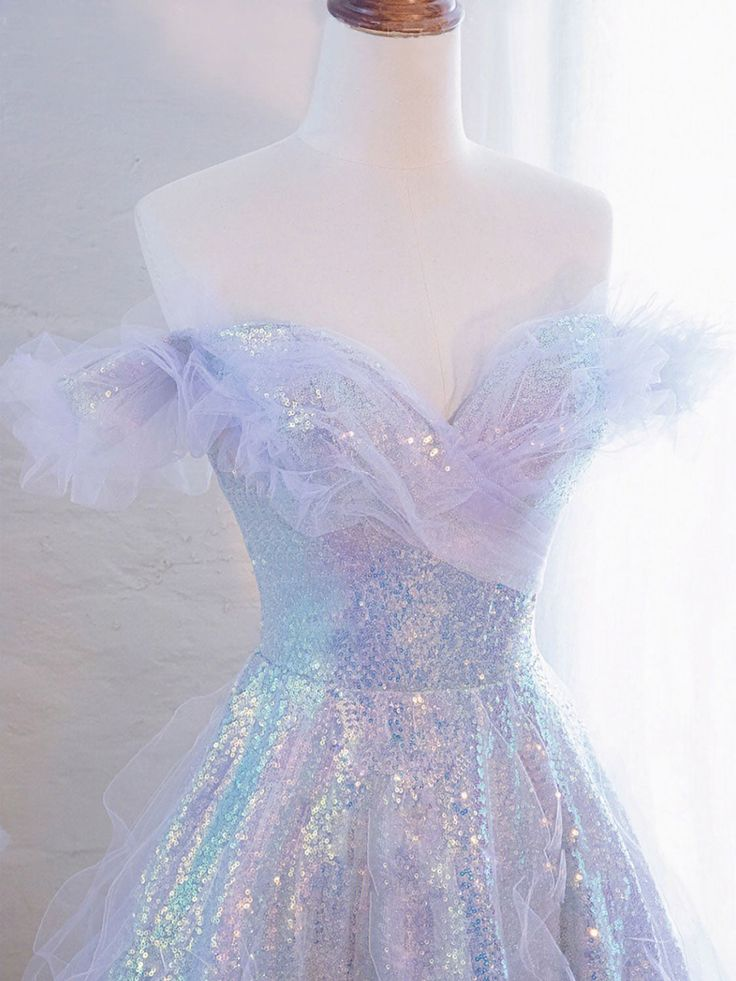 Vestido de fiesta largo de tul con lentejuelas y hombros descubiertos morado Y5864