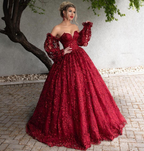 Vestido de fiesta de encaje rojo oscuro con cuentas, hombros descubiertos, mangas largas, vestido formal hasta el suelo, corte A, talla grande, Y766