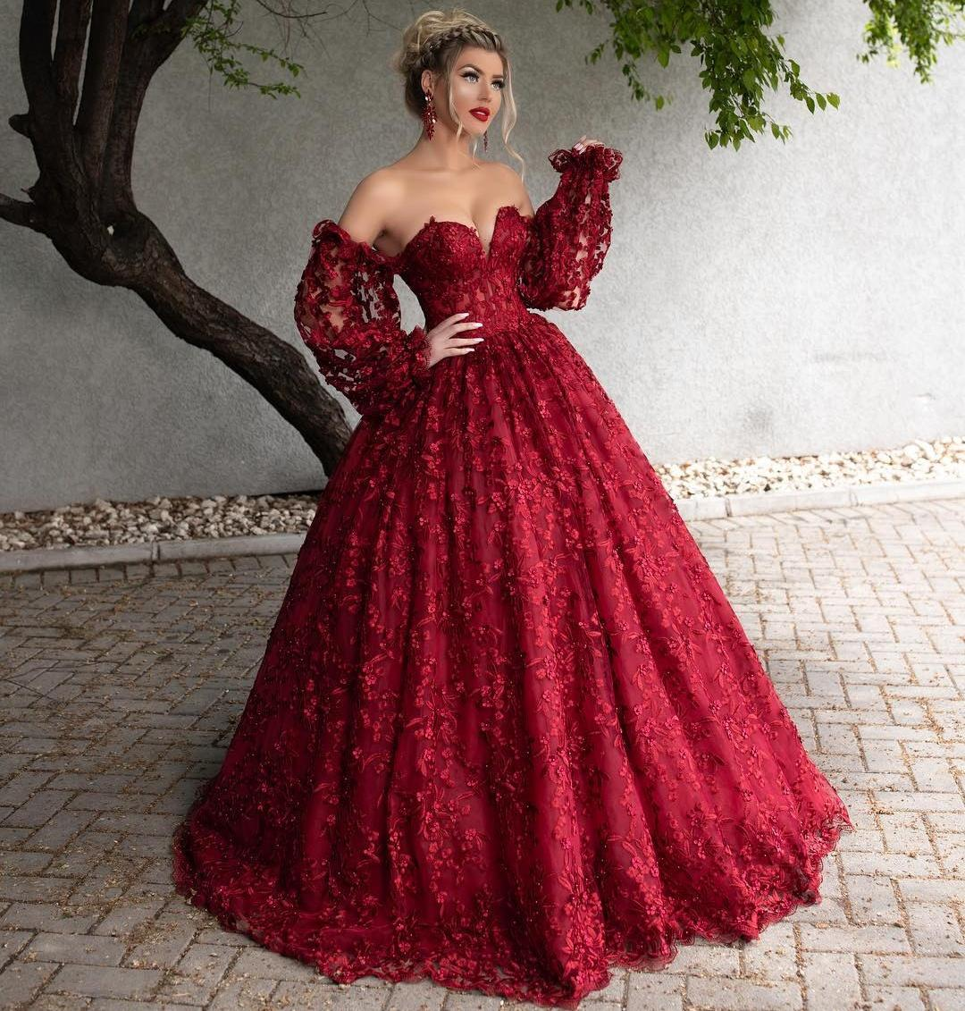 Vestido de fiesta de encaje rojo oscuro con cuentas, hombros descubiertos, mangas largas, vestido formal hasta el suelo, corte A, talla grande, Y766