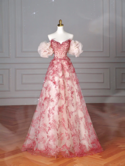 Pretty Tulle Beaded Red A Line Off The Shoulder Prom Dress Evening Dress,Formal Birthday Ball Gown Y8621