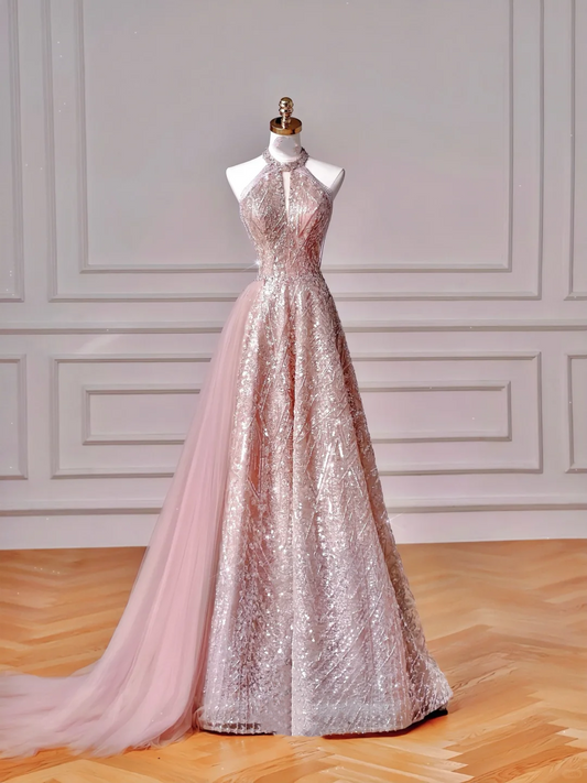 Glitzerndes rosa Neckholder-Pailletten-Tüll-A-Linien-Ballkleid Abendkleid Y8608