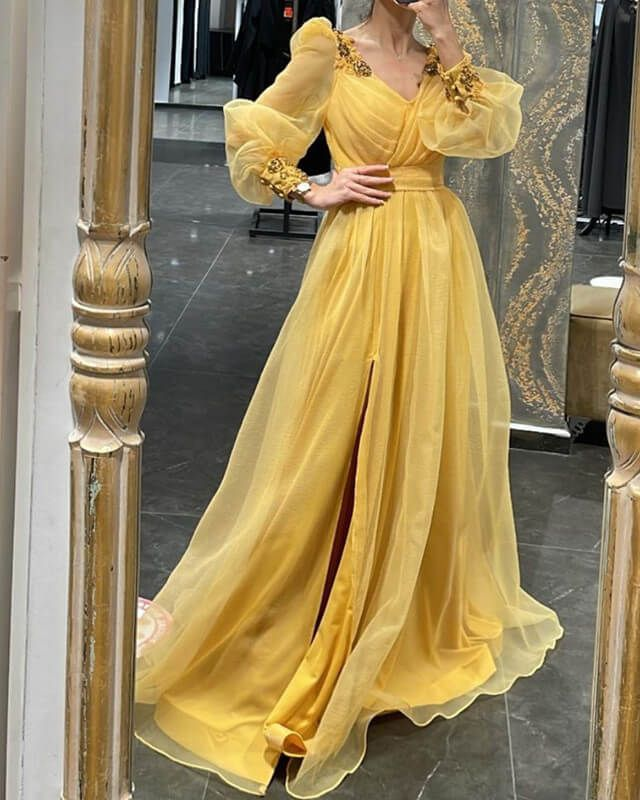 Vestido de noche de tul con escote en V y mangas abullonadas Y5793