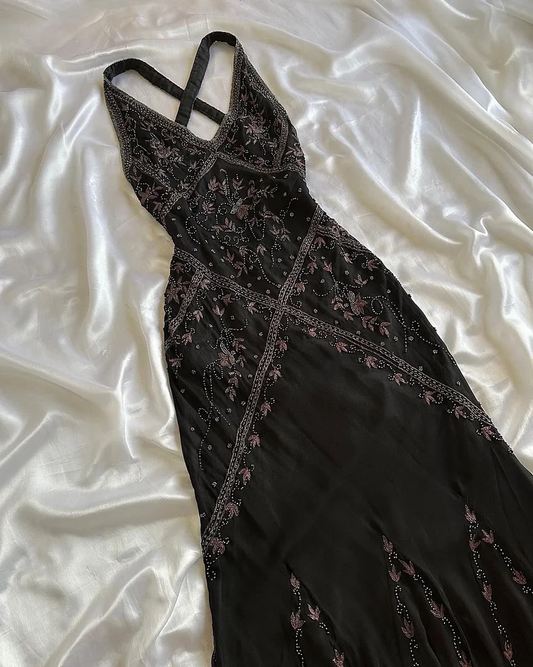 Schwarzes Chiffon Perlen Abendkleid Edle Rückenfreies Meerjungfrau Ballkleid Y8297