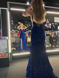 Vestido de noche largo estilo sirena con escote en V, tirantes finos y lentejuelas Y5359