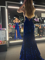 Vestido de noche largo estilo sirena con escote en V, tirantes finos y lentejuelas Y5359