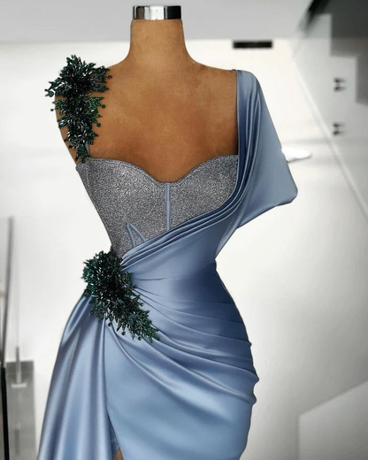Hermoso vestido de noche de sirena con cuentas de satén azul, vestido de fiesta formal largo Y8520